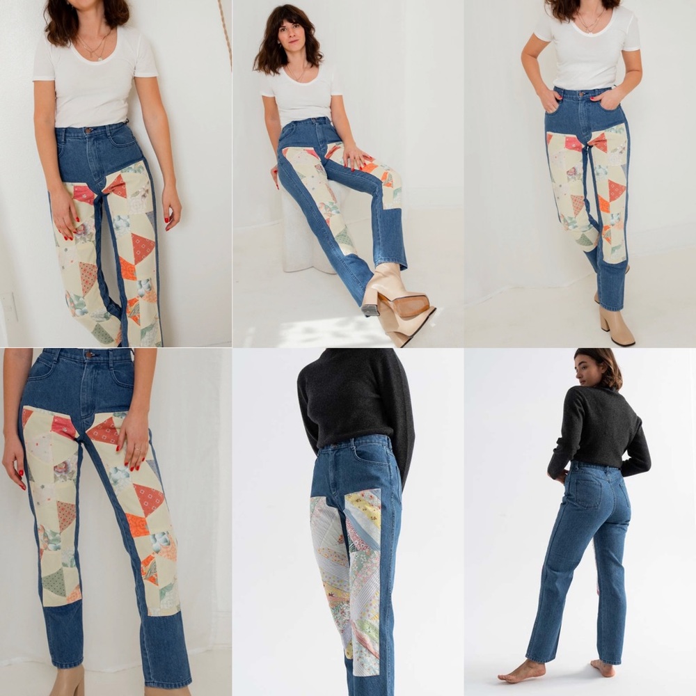 CARLEEN Patchwork Jeans One of a Kind vintage quilt Made in USA straight leg - Picture 4 of 12